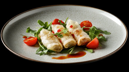 A beautiful arrangement of spring rolls served on a plate, garnished with fresh greens and cherry tomatoes. Perfect for an appetizer or a light meal, this dish showcases vibrant colors and textures.の素材