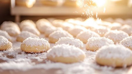 A delightful scene of freshly baked cookies topped with coconut, capturing the essence of homemade treats. Perfect for bakery themes and dessert enjoyment.の素材