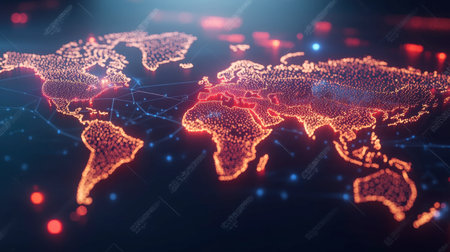 A stunning visualization of a global network map showcasing digital nodes and connections in vibrant colors, ideal for technology and data-related themes.の素材
