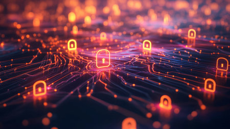 A vivid digital network visualization featuring glowing security locks, symbolizing data protection and encryption in a modern, abstract technology environment.の素材