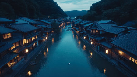 A serene river scene featuring traditional houses illuminated at dusk. Soft lights reflect on the water, creating a peaceful atmosphere ideal for travel and relaxation.の素材