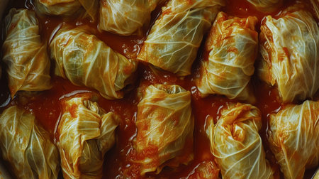 Delve into the richness of homemade cabbage rolls bathed in a tangy tomato sauce. A comforting and flavorful dish perfect for any meal or gathering.の素材