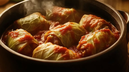 A delicious dish featuring cabbage rolls filled with meat and rice, simmered in rich tomato sauce, ideal for a cozy dinner gathering.の素材