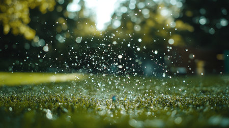 A close-up view of dew drops sparkling on green grass, illuminated by sunlight. This image captures the beauty and freshness of nature in a serene environment.の素材