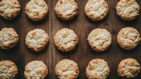 A beautiful arrangement of freshly baked cookies displayed on a rustic wooden table. Perfect for showcasing delicious treats in a cozy kitchen setting.の素材