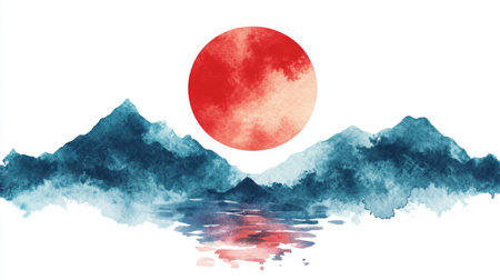 A beautiful watercolor illustration featuring a vibrant sunset over majestic mountains, creating a serene and tranquil atmosphere ideal for artistic projects.の素材