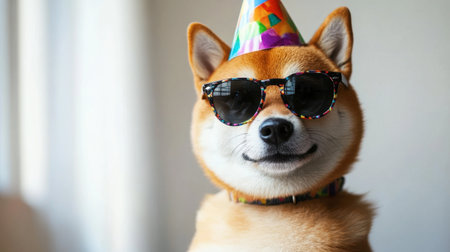 A cheerful dog wearing a colorful party hat and stylish sunglasses, perfect for capturing the fun and joy of celebrations. Ideal for pet-themed content.の素材