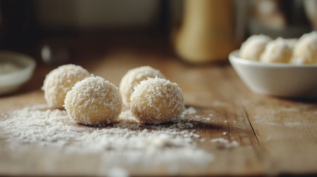 A close-up view of coconut bliss balls arranged on a wooden surface, showcasing a delicious and healthy treat perfect for snacking or dessert.の素材