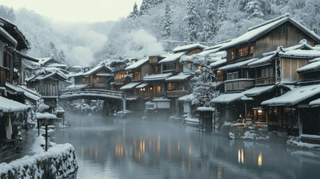 A picturesque winter village showcasing wooden buildings blanketed in snow, nestled by a foggy river, creating a serene and tranquil atmosphere.の素材