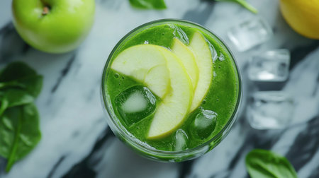 Refreshing green apple and spinach smoothie served over ice. Perfect for a healthy lifestyle and packed with nutrients. Ideal for summer or any time!の素材