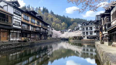 A tranquil scene of a Japanese river lined with traditional buildings and blooming cherry blossom trees, reflecting the serene environment under a clear sky.の素材