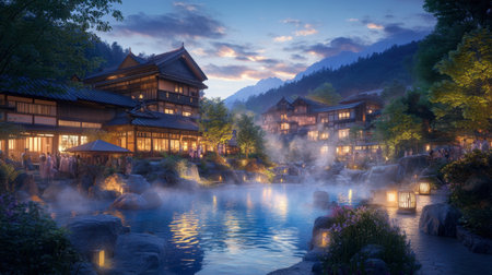 A breathtaking view of a serene hot spring retreat at dusk, showcasing beautiful architecture and tranquil waters surrounded by mountains and nature. Ideal for relaxation and wellness.の素材