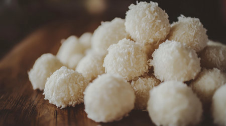 A close-up shot of delightful white coconut balls arranged on a rustic wooden surface. Perfect for dessert lovers, these chewy treats are an ideal snack.の素材
