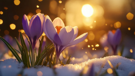Beautiful crocuses bloom amidst snow, illuminated by the golden glow of sunset. The scene captures the serene beauty of nature awakening in spring.の素材