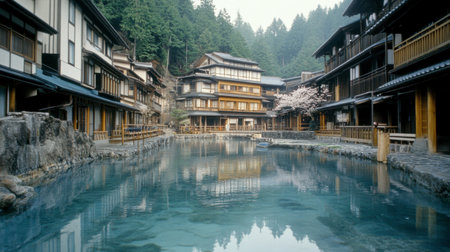Explore a tranquil hot springs retreat surrounded by mountains and cherry blossoms, reflecting serene beauty and inviting relaxation in peaceful nature.の素材