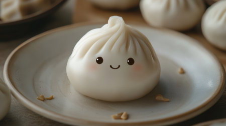 A charming and cute dumpling character sits on a plate, radiating joy. Perfect for food enthusiasts and culinary creations, this image captures delightful Asian cuisine.の素材