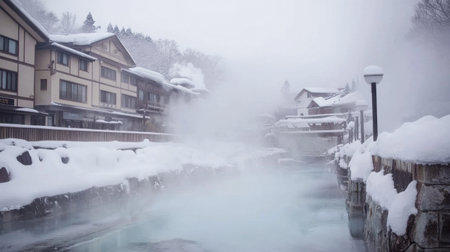 Experience a tranquil winter landscape featuring a steaming hot spring surrounded by snow-covered cabins. Perfect for relaxation and exploration.の素材