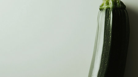 A fresh zucchini positioned against a light background, showcasing its vibrant green color and smooth texture. Ideal for food photography, cooking blogs, and healthy eating themes.の素材