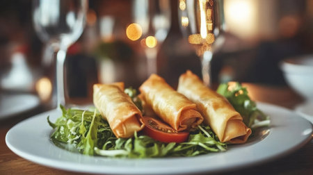 A plate of crispy spring rolls served on fresh greens with a slice of tomato, perfect for any dining occasion, showcasing culinary excellence.の素材