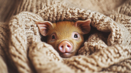 Cute piglet nestled snugly in a soft blanket, radiating warmth and innocence. This charming scene captures the essence of comfort and sweetness.の素材