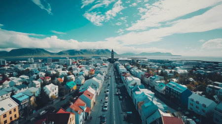 A stunning aerial view of Reykjavik showcasing its colorful roofs, urban landscape, and surrounding mountains under a clear blue sky, perfect for travel enthusiasts.の素材