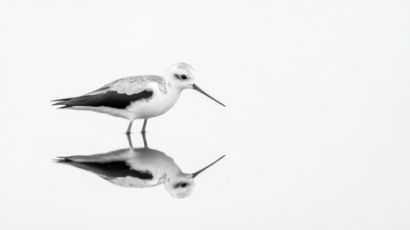 A solitary bird stands gracefully on a still water surface, reflecting its elegant form. The minimalistic scene captures the tranquility of nature.の素材