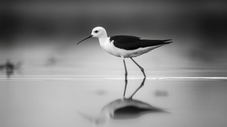 A striking black and white image of a bird walking on water, capturing its elegant reflection. The serene scene highlights nature's beauty and tranquility.の素材