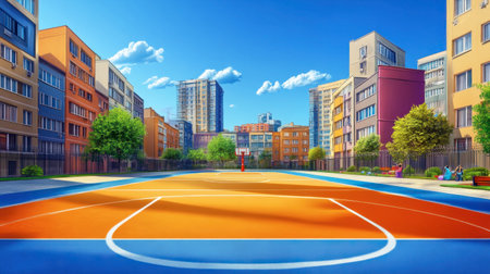 An inviting urban park scene featuring a colorful basketball court surrounded by modern buildings, trees, and a bright blue sky, perfect for recreational activities.の素材