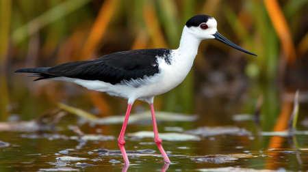 A graceful black-necked stilt stands in shallow water, showcasing its striking black and white plumage and slender pink legs, embodying tranquility in nature.の素材