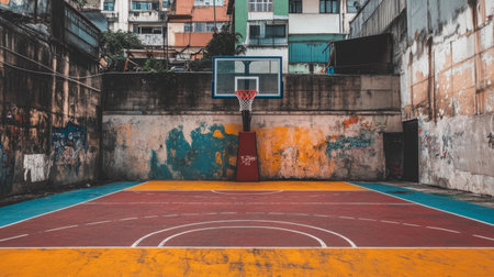 An empty urban basketball court featuring vibrant colors and a graffiti backdrop. This scene captures the essence of city sports culture and community engagement.の素材