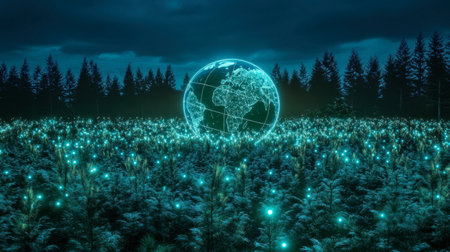 A mesmerizing digital art piece showcasing a glowing Earth amidst a serene forest of illuminated trees, blending technology with nature in a tranquil night setting.の素材