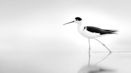 A striking monochrome image of a bird walking gracefully on water, showcasing the beauty of nature and the elegance of wildlife in a tranquil setting.の素材