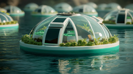 Explore vibrant floating domes surrounded by serene waters, showcasing innovative architecture and a harmonious blend of nature and modern design elements.の素材