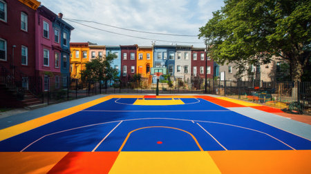 A colorful basketball court set in an urban neighborhood, surrounded by vibrant buildings. The scene captures a lively recreational space ready for play and community engagement.の素材