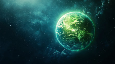 A stunning depiction of a glowing Earth set against a galactic backdrop. This image captures the beauty of our planet within the vast universe, highlighting environmental harmony.の素材