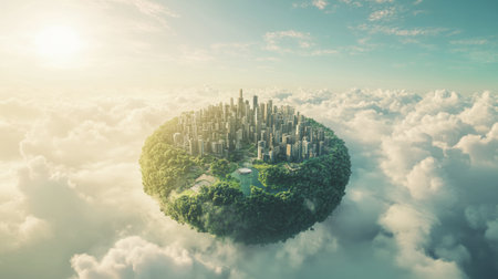 A stunning floating city surrounded by vibrant clouds and lush greenery, depicting a serene and futuristic landscape. Perfect for imaginative themes.の素材