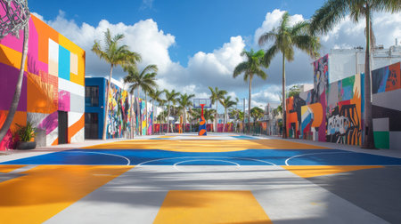 A vibrant, colorful basketball court features vivid murals and palm trees under a bright blue sky, creating an inviting space for community recreation.の素材