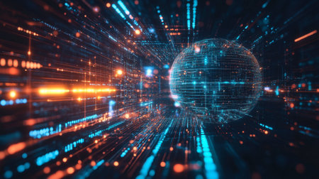A captivating digital sphere surrounded by vibrant data streams, illustrating the essence of technology and connectivity in a futuristic space environment.の素材