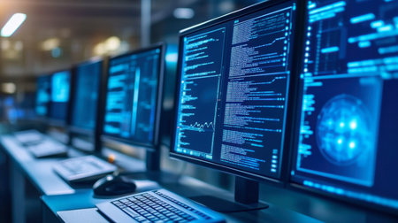A modern workspace featuring multiple computer monitors displaying intricate data and software, emphasizing technology and digital innovation.の素材