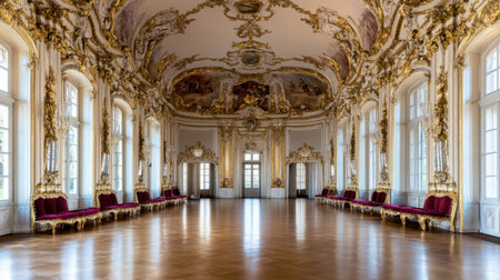 A beautiful, empty baroque room showcasing intricate ceiling artwork and luxurious decor, perfect for design and architecture enthusiasts.の素材
