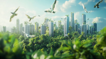 A stunning urban landscape blending modern architecture with greenery, featuring soaring buildings enveloped by lush plants and birds in flight, symbolizing harmony.の素材