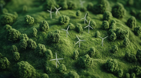 Aerial illustration of wind turbines on a lush green landscape, symbolizing renewable energy and sustainable practices in an eco-friendly environment.の素材