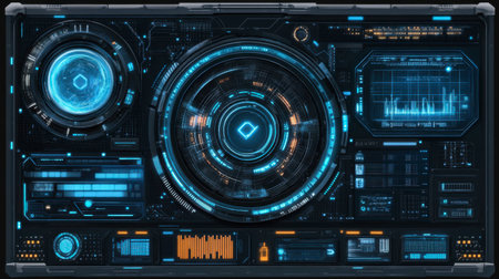 This futuristic user interface design features a high-tech look with dynamic elements, perfect for showcasing data analytics and technology concepts.の素材