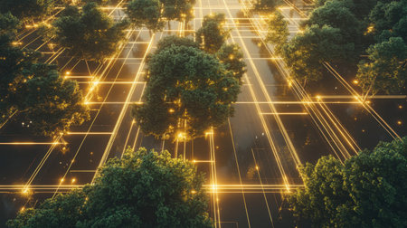 A stunning aerial view of a futuristic forest, highlighted by glowing lines and lights, showcasing a mesmerizing blend of nature and technology.の素材