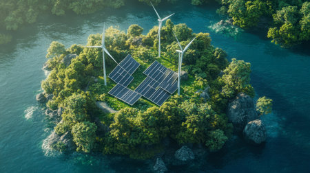 Aerial view of an island featuring wind turbines and solar panels surrounded by lush greenery and clear water, highlighting sustainable energy solutions.の素材