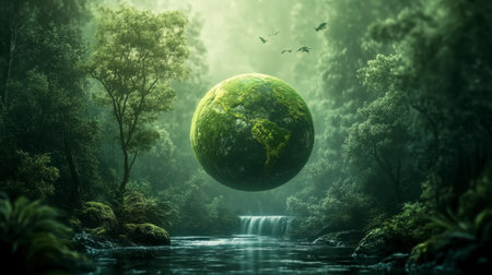 A captivating scene of a vibrant earth floating above a serene river, surrounded by lush forests, creating a magical and tranquil atmosphere. Ideal for nature themes.の素材