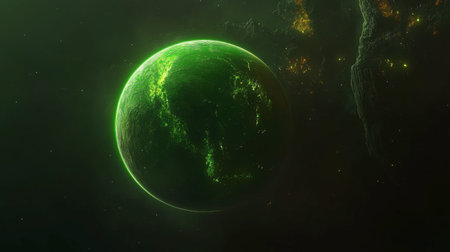 A stunning green planet surrounded by a cosmic backdrop radiates mystery and beauty, perfect for science fiction and imaginative designs.の素材