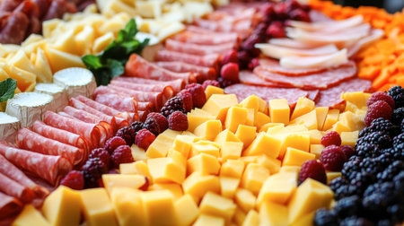 An appealing charcuterie board showcasing an array of cheeses, cured meats, and fresh fruits, perfect for parties or gatherings. Enjoy the vibrant colors and inviting presentation.の素材