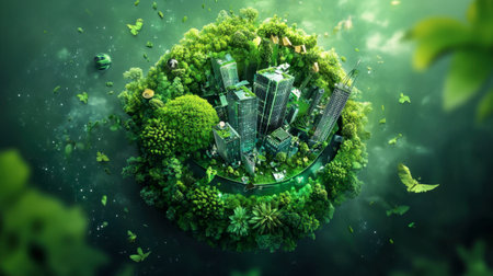 An imaginative depiction of a green city blending urban architecture with lush nature, showcasing harmony between environment and urban growth, promoting sustainability.の素材