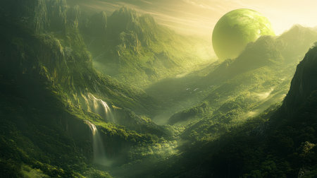 A captivating green landscape features majestic mountains and a flowing waterfall under a floating planet, embodying a dreamy, serene atmosphere.の素材